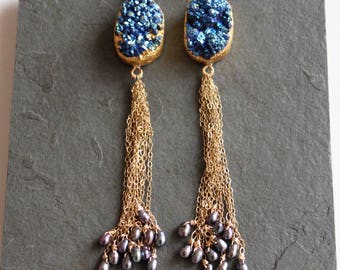 Halley's Comet. Titanium Cobalt Blue Druzy. Raven colored Fresh Water Pearl Earrings. Tassell Earrings.