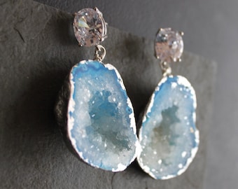 Ocean Blue Druzy Geode. Sterling Silver CZ Stud Earrings. One of a Kind.