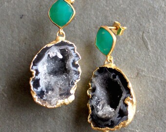 Black Hole Sun. Emerald Green Onyx/Black Tabasco Geode Earrings