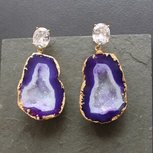 Purple Rain. Druzy Geode Earrings. Gold Plated CZ studs. One Of a Kind.