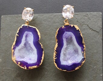 Purple Rain. Druzy Geode Earrings. Gold Plated CZ studs. One Of a Kind.