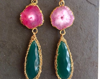 Spring Awakening. Fuschia Pink Solar Quartz. Green Onyx 14 Kt Gold Fill Crochet Earrings