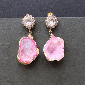 Chinese Peonies. Blush Pink Druzy. Gold Plated CZ Earrings. One of a Kind