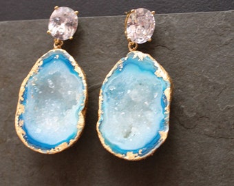 Aegan Sea. Large Blue Druzy Earrings. CZ Gold Plated Post. One of a Kind.