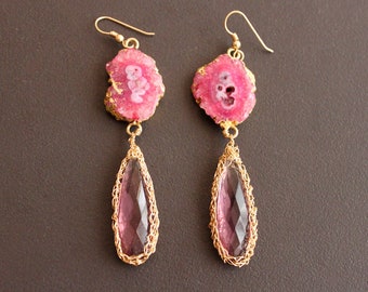 Peonies and Roses. Pink Topaz Quartz Gold 14 kt Gold Fill Wire Crochet. Hot Pink Amethyst Stalictite Earrings. One of a Kind