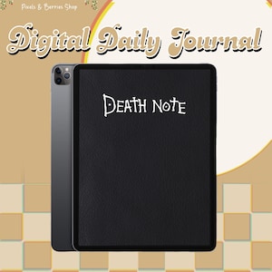 May include: A dark gray tablet displaying a black digital journal cover with a textured leather appearance. The words Death Note are printed in white, stylized lettering at the top center of the screen. The text Digital Daily Journal appears above.