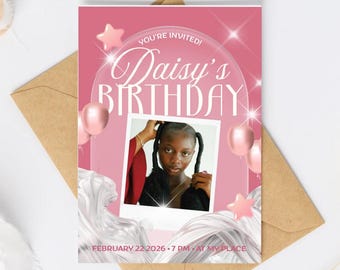Pink Birthday Invitation Template with Photo | Editable Digital Invite