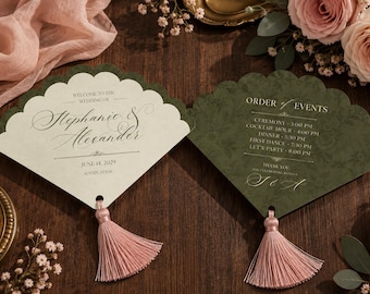 Modello a ventaglio per il programma del matrimonio / Stampabile in digitale su Canva / Partecipazioni di nozze con tema floreale vintage
