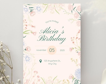 Floral Birthday Invitation Template • Editable Canva Invite • Pastel Garden Party Invitation •  Digital Download