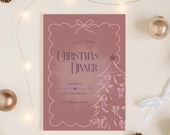 Editable Coquette Christmas Dinner Invitation | Pink Bow Canva Template (Digital Download)
