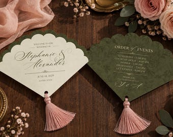 Modello a ventaglio per il programma del matrimonio / Stampabile in digitale su Canva / Partecipazioni di nozze con tema floreale vintage