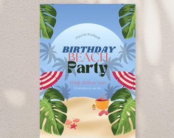 Birthday Beach Party Invitation Template | Summer Invite | Editable Digital Invitation
