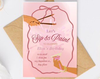 Sip and Paint Invitation • Party Invite • Template • Editable Canva Birthday Invite