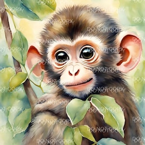 Cute Monkey Wall Art Print - Jungle Safari Nursery Decor, Baby Animal Kids Room Artwork, Adorable Monkey Illustration, Unframed Poster