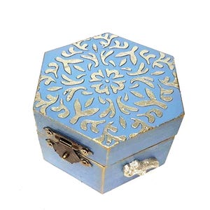 Scatola porta-anello greca antica, organizer per anelli esagonali di lusso blu, piccola scatola porta-gioielli antica in legno, porta-anello di fidanzamento, regalo unico per donna