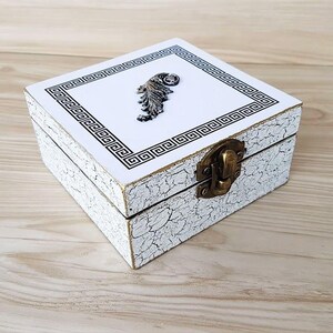 Portagioie con chiave greca antica, piccolo, organizer per anelli a spirale, bianco, antico, fatto a mano, regalo di lusso dalla Grecia, regalo per lei/lui