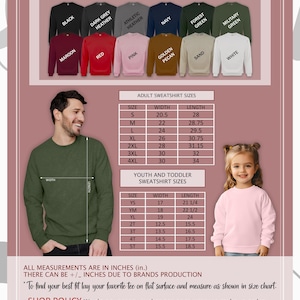 May include: Color and size chart for adult, youth, and toddler sweatshirts. Includes a color palette with options like black, navy, and pink. Size charts are provided in inches for adult and youth sizes. The image shows a man and a young girl wearing sweatshirts.