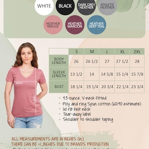 The image is a color and size chart for a woman's v-neck shirt. It includes a photo of a woman wearing the shirt in different sizes, along with measurements and descriptions of the shirt's features.