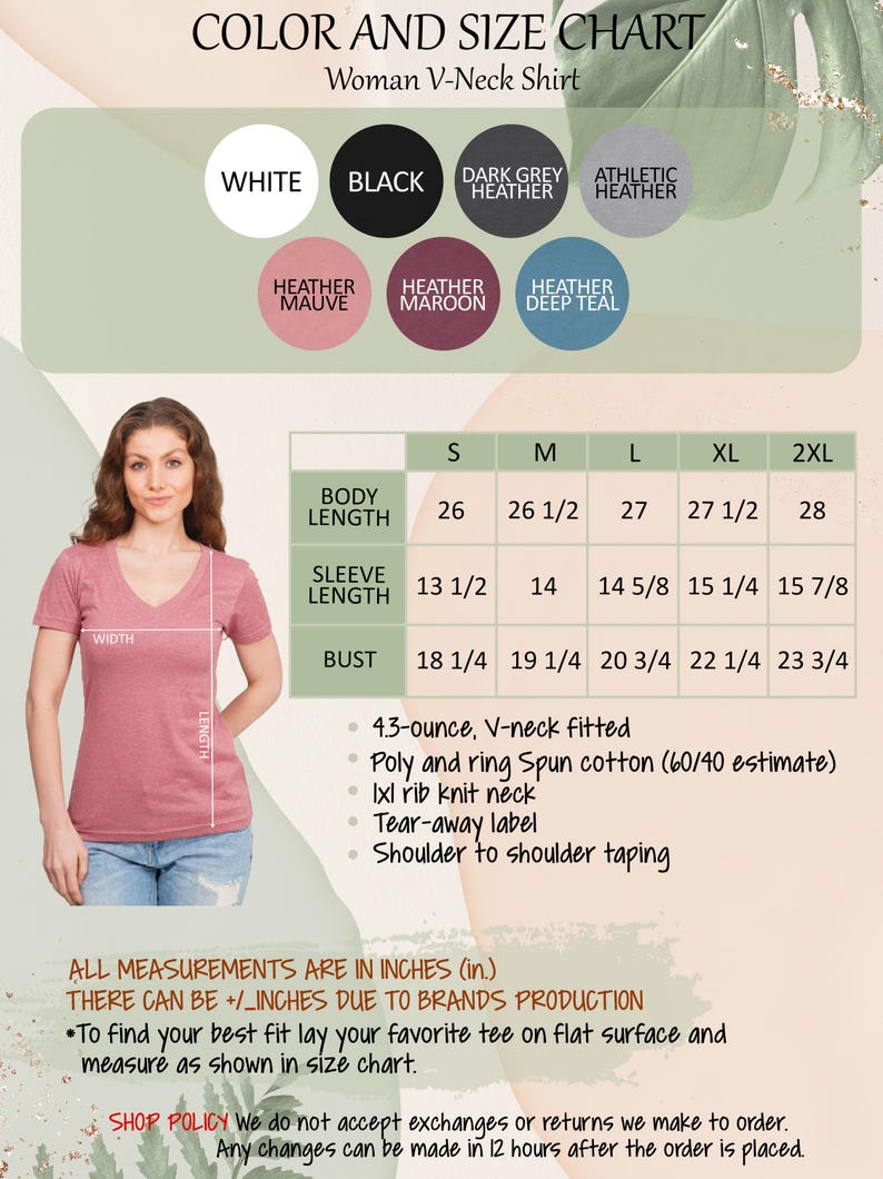 The image is a color and size chart for a woman's v-neck shirt. It includes a photo of a woman wearing the shirt in different sizes, along with measurements and descriptions of the shirt's features.
