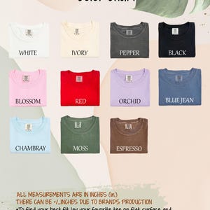 The image is a color chart displaying various colored t-shirts, along with a note about measurements and a shopping policy.