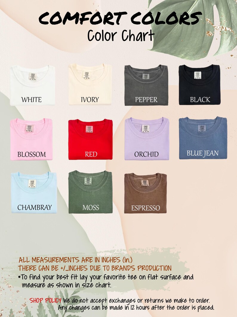 The image is a color chart displaying various colored t-shirts, along with a note about measurements and a shopping policy.
