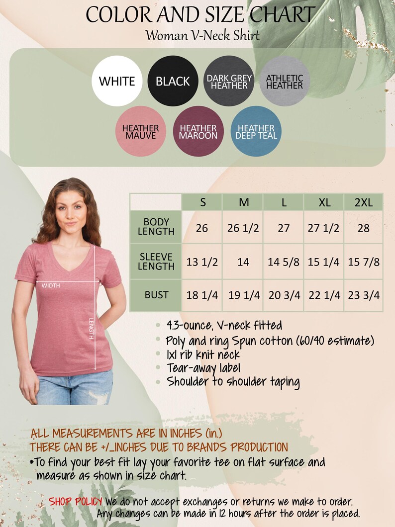 The image is a color and size chart for a woman's v-neck shirt. It includes a photo of a woman wearing the shirt in different sizes, along with measurements and descriptions of the shirt's features.