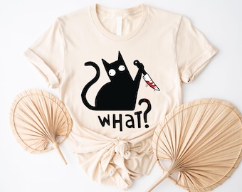 Camiseta de gato negro con cuchillo, camiseta unisex divertida de Halloween, camiseta sangrienta de Halloween, atuendo de gato asesino sarcástico, camiseta de gato negro