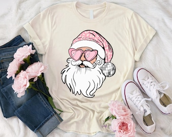 Pink Santa Retro Christmas T-Shirts, Pink Santa Christmas Matching Family T-Shirts, Pink Vintage Holiday Shirts, Group Party T-Shirts