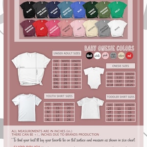 May include: A color and size chart for unisex adult, youth, and toddler shirts. The chart displays various shirt colors, including black, red, and pink. It also provides size measurements in inches for different shirt styles, such as unisex adult, baby onesie, youth, and toddler sizes.
