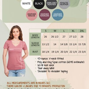 The image is a color and size chart for a woman's v-neck shirt. It includes a photo of a woman wearing the shirt in different sizes, along with measurements and descriptions of the shirt's features.