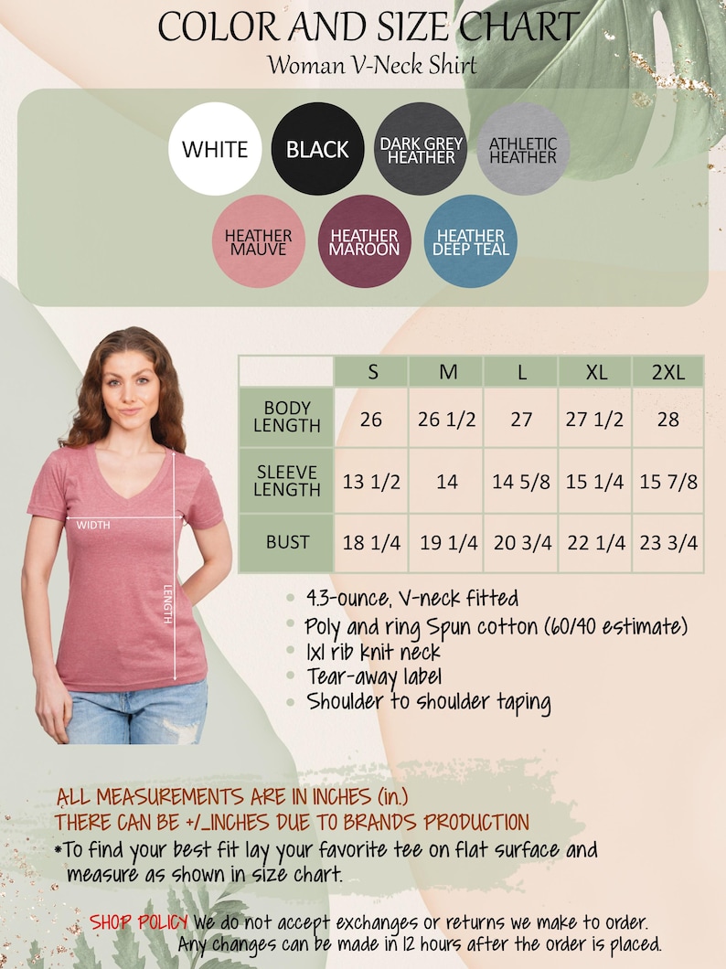 The image is a color and size chart for a woman's v-neck shirt. It includes a photo of a woman wearing the shirt in different sizes, along with measurements and descriptions of the shirt's features.