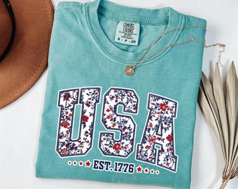 Comfort Colors® Floral USA Shirt, American Girl Shirt, USA Est 1776 Shirt, Girly 4th of July Shirt, Patriotic Women Shirt, Flower USA Shirt