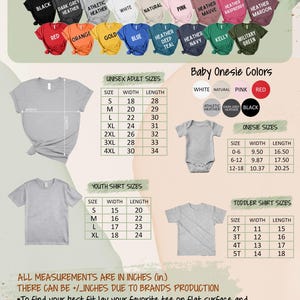 The image is a color and size chart for unisex adult, youth, and toddler clothing. It provides measurements and color options for various shirt sizes, including white, natural, and black. The chart also includes a section for baby onesie colors and toddler shirt sizes. The image is a collage of different shirt sizes and colors, and it does not contain any text that can be described in more detail. The chart does not contain any specific information about the brand or product.