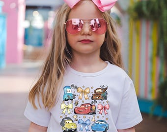 Coquette Bows Watercolor Disney Cars Shirt, Pixar Cars Kids Shirt, Lightning McQueen and Tow Mater Shirt, Disney Family Matching Trip