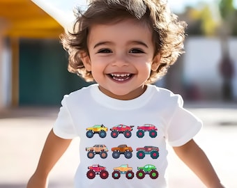 Monster Trucks In A Row Toddler Shirt, Big Monster Trucks Kids Sweatshirt, Giant Vehicles Baby Bodysuit, Monster Trucks Boy Youth T-Shirts