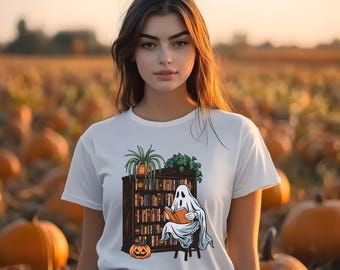 Retro Ghost Reading Books Women T-Shirt, Librarian Ghost Halloween Shirt, Halloween Teacher Shirt, Halloween Shirt, Teacher Gift T-Shirt