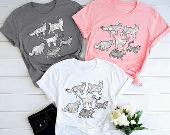 Vintage Cat T-Shirt, Cat Lover Gift Women T-Shirt, Kittens Women T-Shirt, Multiple Cats Shirt, Gift For Her, Vintage Species Cat T-Shirts