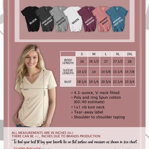 May include: Color and size chart for a woman's V-neck shirt, with color swatches in black, grey, white, maroon, mauve, and teal. Includes body length, sleeve length, and bust measurements in inches for sizes S to 2XL. Features fabric details.
