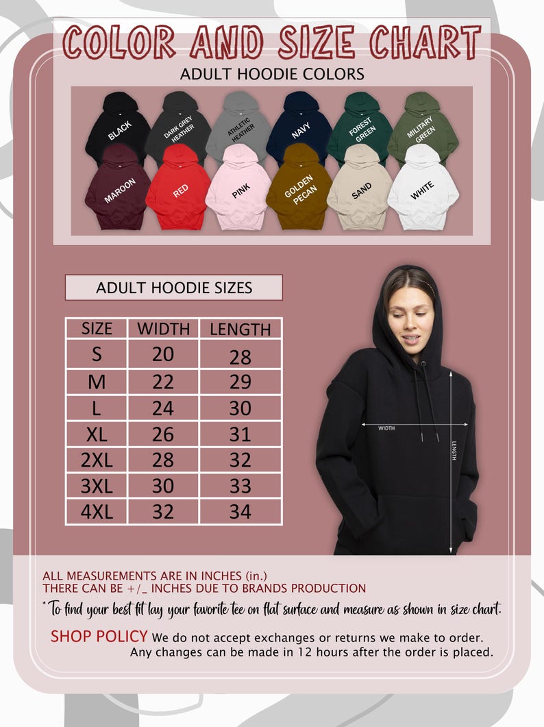 May include: Color and size chart for adult hoodies, featuring various colors like black, red, and navy. The chart includes size measurements in inches, with sizes ranging from S to 4XL. A person models a black hoodie.