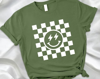 Camiseta con estampado de cuadros y cara sonriente, camiseta retro con cara sonriente, camiseta unisex con cara feliz, camiseta con linda sonrisa, camiseta para profesores con vibras positivas