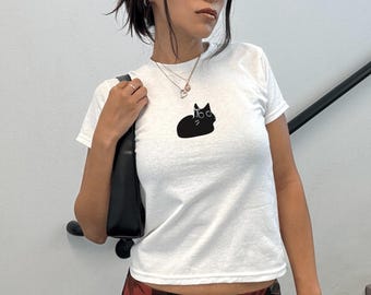 Coquette Cat Baby Tee, Y2K Baby Tee, Cute Trendy Dollette Shirt, Y2K Vintage Kitten Top, Pinterest Soft Girl Aesthetic 90s Retro Baby Tee