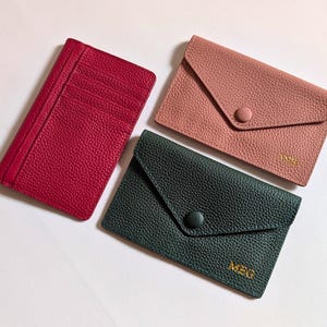Colorful Leather Card Holder with Initials, Personalized Envelope Wallet, Custom Slim Card Case with Back Slots, Monogram Gift for Women