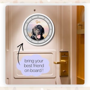 A cruise cabin door with a porthole magnet featuring a black lab dog against a sunset background and the name Gus above him. A purple call out bubble below says: bring your best friend onboard!