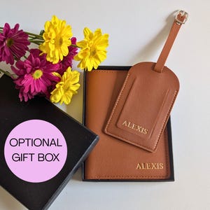 Funda para pasaporte y etiqueta para equipaje, porta pasaporte personalizado, etiqueta para equipaje personalizada, porta pasaporte de cuero vegano, regalos personalizados, set de viaje