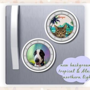 Custom cat portrait on a cruise cabin door magnet. Calico cat inside a porthole with a tropical background of palm trees, flowers, and blue sea at sunset. The name Fergus is written in orange cursive at the top. A black and white Snoopy dog looks through another porthole with a background of the Aurora Borealis. A purple call out bubble at the bottom says new backgrounds: tropical and Alaska's northern lights.