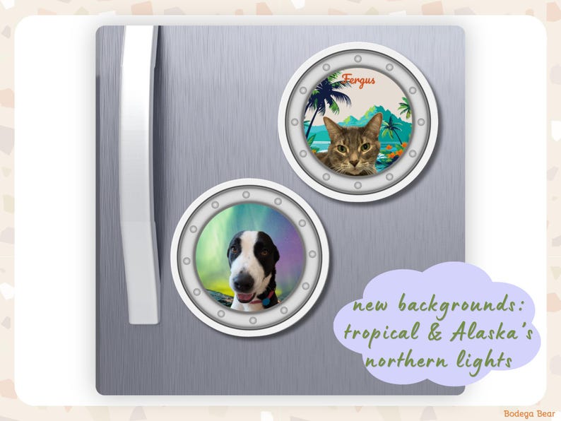Custom cat portrait on a cruise cabin door magnet. Calico cat inside a porthole with a tropical background of palm trees, flowers, and blue sea at sunset. The name Fergus is written in orange cursive at the top. A black and white Snoopy dog looks through another porthole with a background of the Aurora Borealis. A purple call out bubble at the bottom says new backgrounds: tropical and Alaska's northern lights.