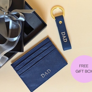 Leather Card Holder & Keyring Gift Set, Personalized Slim Card Wallet, Custom Keychain, Mens Wallet, Groomsmen Gift, Father's Day Cardholder