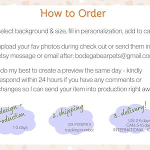 How to Order: Select your background and size and add to cart. Complete your order. Upload or send in a photo right away via Etsy message or email: bodegabearpets at gmail.com. Design and printing takes 1-3 days, shipping takes US 2-5 days, Canada: 5-15 days, and worldwide 10-30 days.