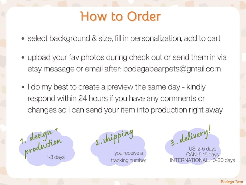 How to Order: Select your background and size and add to cart. Complete your order. Upload or send in a photo right away via Etsy message or email: bodegabearpets at gmail.com. Design and printing takes 1-3 days, shipping takes US 2-5 days, Canada: 5-15 days, and worldwide 10-30 days.