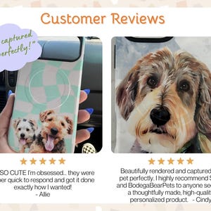 Shop Reviews giving five stars in the words of the customers - the phone case "turned out so cute!" and "They captured them perfectly!"